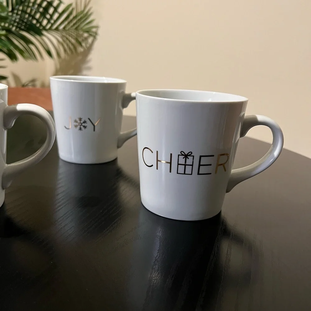 Crate and barrel holiday mug set. Christmas mugs for coffee or tea. home decor.